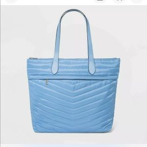 Striped quilted tote hand bag blue never full tote laptop NEW